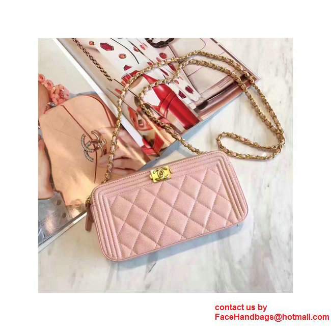 Chanel Grained Calfskin Boy Double Zipped Small Clutch Chain Phone Holder Bag A84069 Pink 2017 - Click Image to Close
