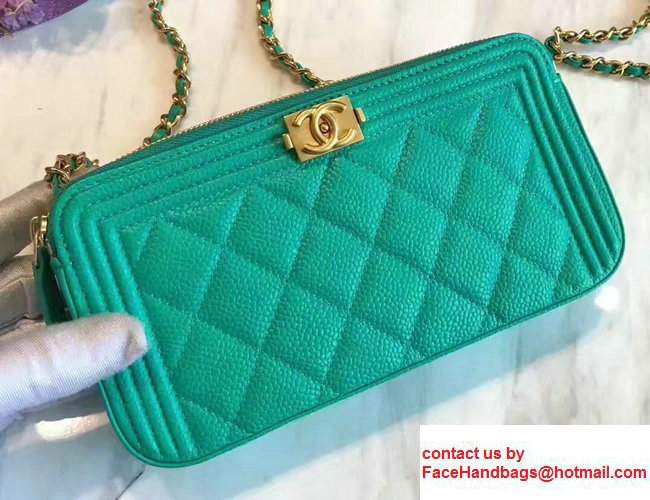 Chanel Grained Calfskin Boy Double Zipped Small Clutch Chain Phone Holder Bag A84069 Turquoise 2017