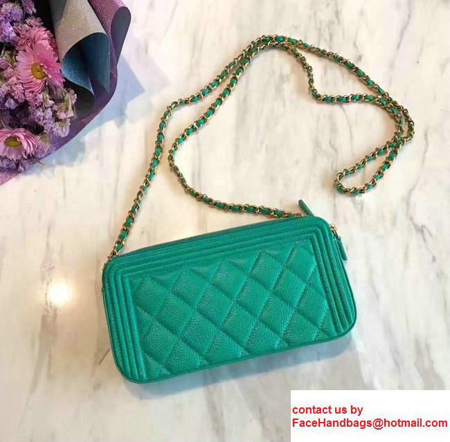Chanel Grained Calfskin Boy Double Zipped Small Clutch Chain Phone Holder Bag A84069 Turquoise 2017 - Click Image to Close
