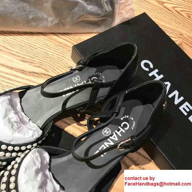 Chanel Pearl Around Sheepskin and Grosgrain Sandals Black 2017