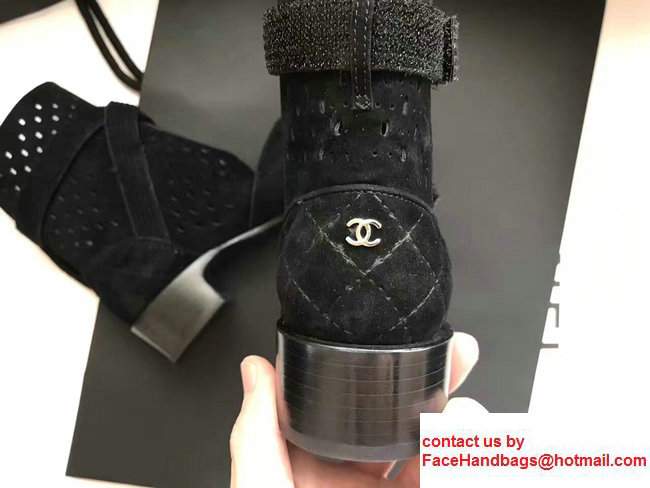 Chanel Perforated Suede Kidskin Touch Fastener Short Boots G32746 Black 2017