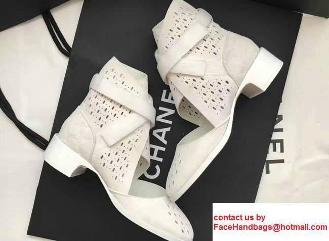 Chanel Perforated Suede Kidskin Touch Fastener Short Boots G32746 White 2017