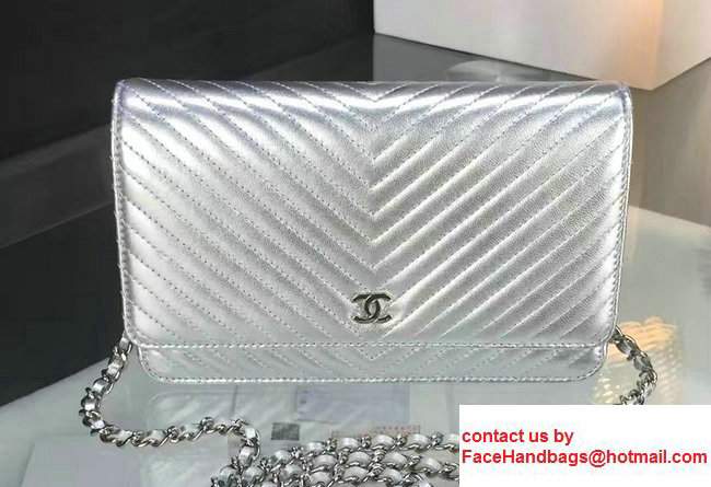 Chanel Quilting Chevron Wallet On Chain WOC Bag Silver