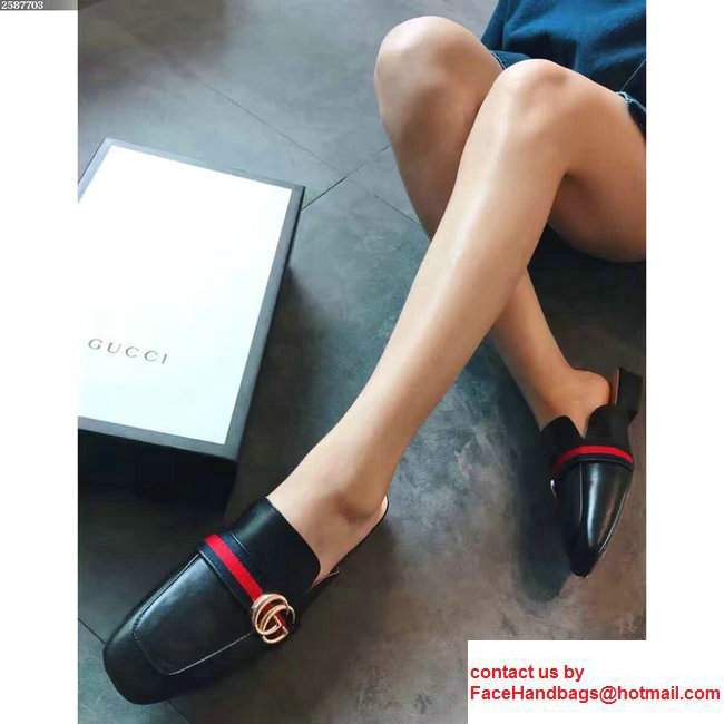 Gucci Antique GG Web Leather Slipper Sandals 423694 Black 2017