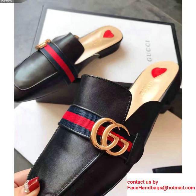 Gucci Antique GG Web Leather Slipper Sandals 423694 Black 2017 - Click Image to Close