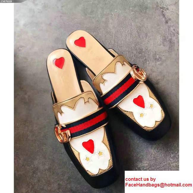 Gucci Antique GG Web Leather Slipper Sandals 423694 Black/Gold/White 2017 - Click Image to Close