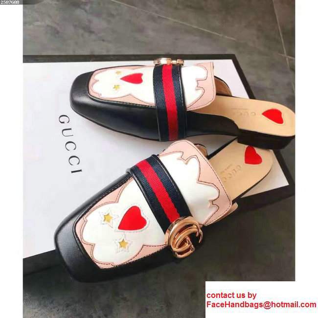 Gucci Antique GG Web Leather Slipper Sandals 423694 Black/Pink/White 2017 - Click Image to Close