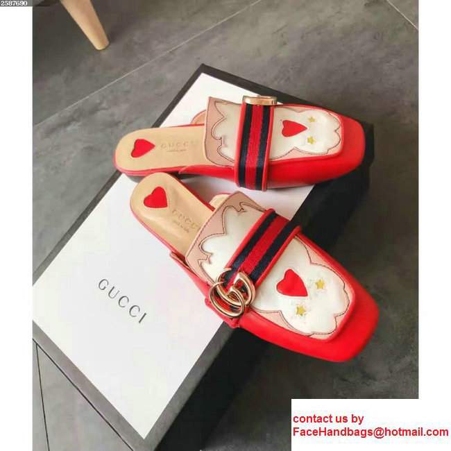 Gucci Antique GG Web Leather Slipper Sandals 423694 Red/Pink/White 2017
