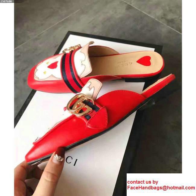 Gucci Antique GG Web Leather Slipper Sandals 423694 Red/Pink/White 2017 - Click Image to Close