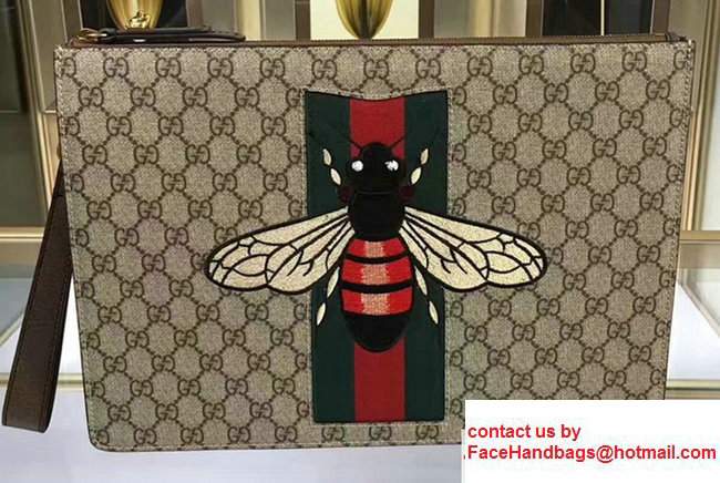 Gucci Beige GG Supreme Canvas Men's Zipper Pouch Clutch Bag 433665 Bee 2017 - Click Image to Close