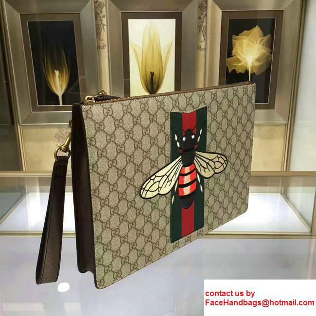 Gucci Beige GG Supreme Canvas Men's Zipper Pouch Clutch Bag 433665 Bee 2017 - Click Image to Close