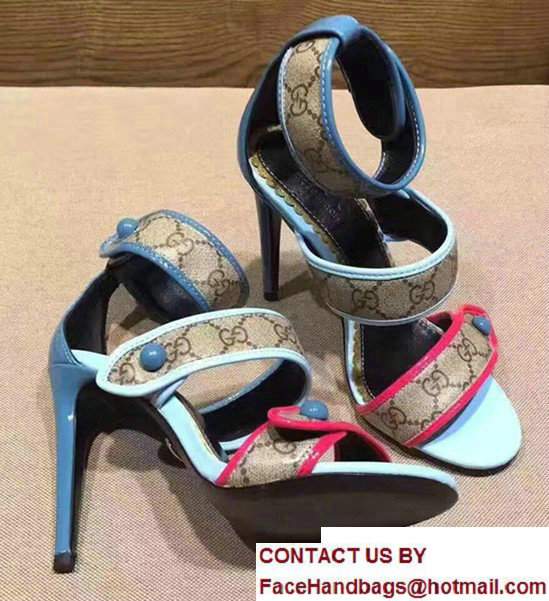 Gucci Calfskin Heel 6.5cm Double CG Canvas Buttons Trim Scandal Light Blue/Red 2017 - Click Image to Close