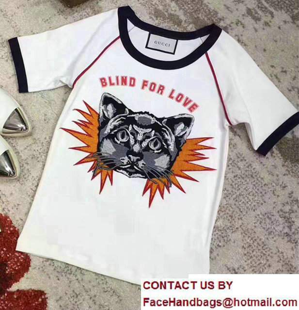 Gucci Cat Applique Blind For Love Cotton T-shirt 461423 White 2017 - Click Image to Close
