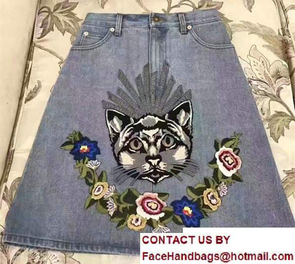 Gucci Cat Applique Embroidered Denim Mini Skirt 2017