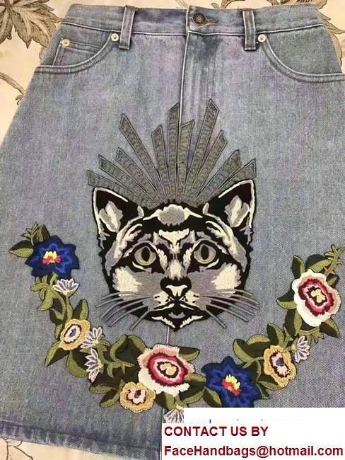 Gucci Cat Applique Embroidered Denim Mini Skirt 2017
