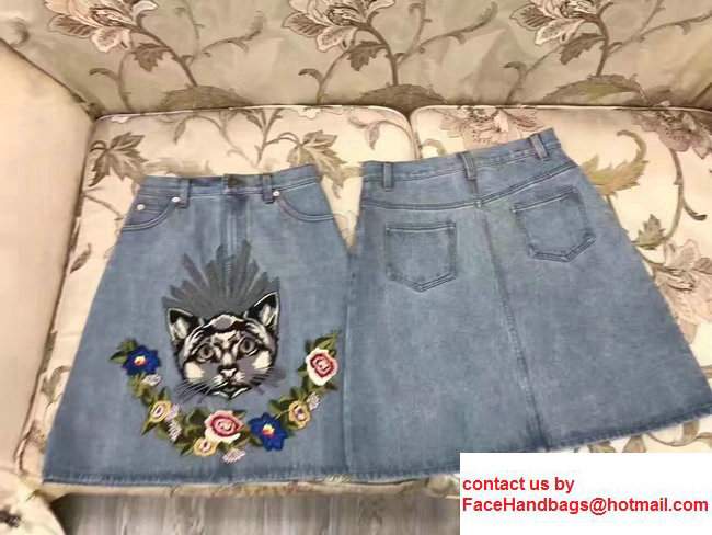 Gucci Cat Applique Embroidered Denim Mini Skirt 2017 - Click Image to Close