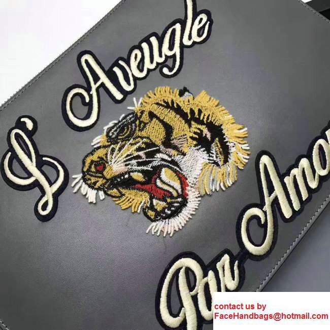 Gucci Embroidered Tiger Zipped Leather Pouch Clutch Bag 431416 Etoupe 2017 - Click Image to Close