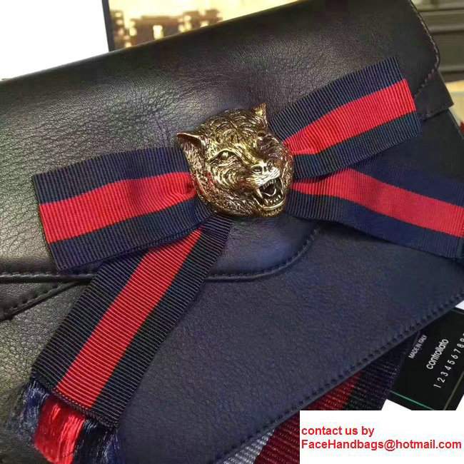 Gucci Feline Head Grosgrain Ribbon Bow Broadway Leather Chain Clutch Bag 453777/453778 Black 2017