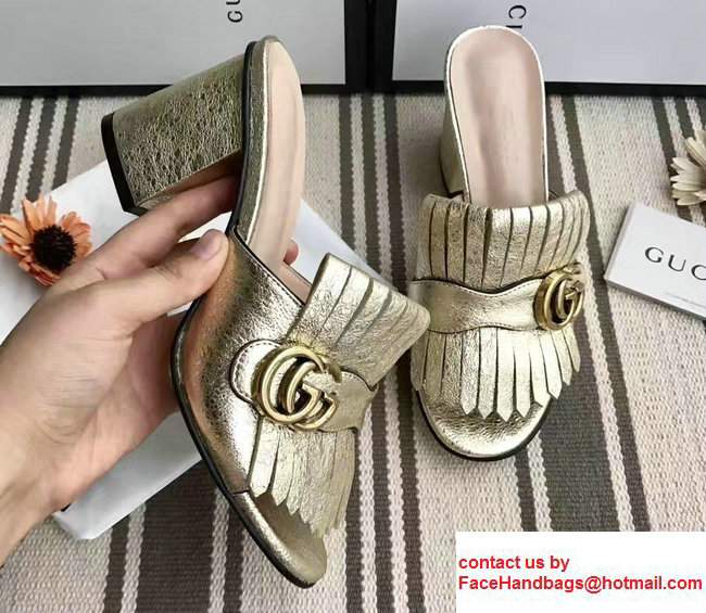 Gucci Fringe Double G 7.5cm Mid-Heel Slide Sandals 453495/458051 Gold 2017 - Click Image to Close