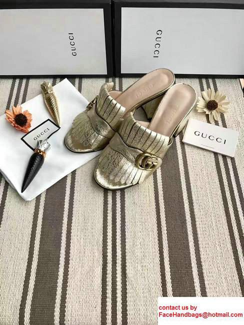 Gucci Fringe Double G 7.5cm Mid-Heel Slide Sandals 453495/458051 Gold 2017