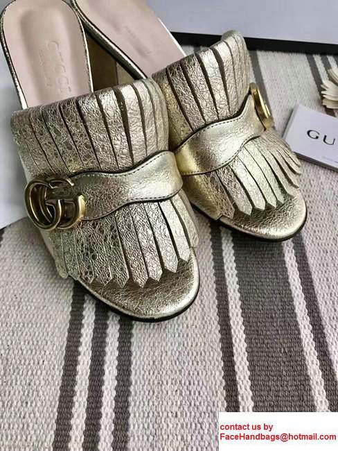 Gucci Fringe Double G 7.5cm Mid-Heel Slide Sandals 453495/458051 Gold 2017 - Click Image to Close