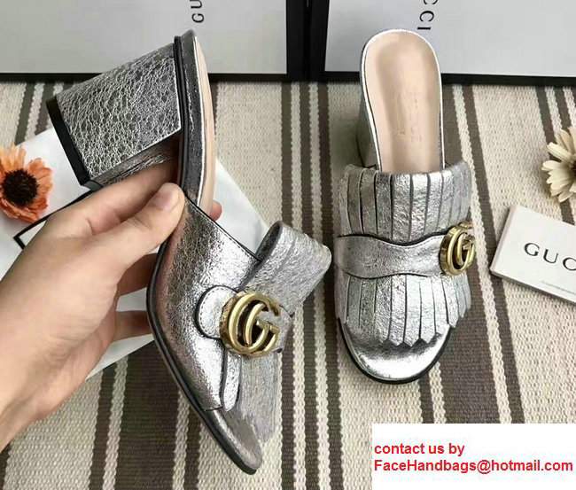 Gucci Fringe Double G 7.5cm Mid-Heel Slide Sandals 453495/458051 Silver 2017 Gucci Fringe Double G 7.5cm Mid-Heel Slide Sandals 453495/458051 Silver 2017
