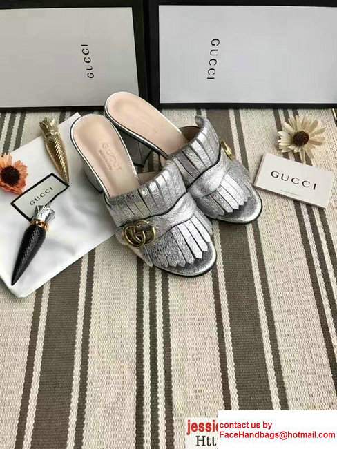 Gucci Fringe Double G 7.5cm Mid-Heel Slide Sandals 453495/458051 Silver 2017