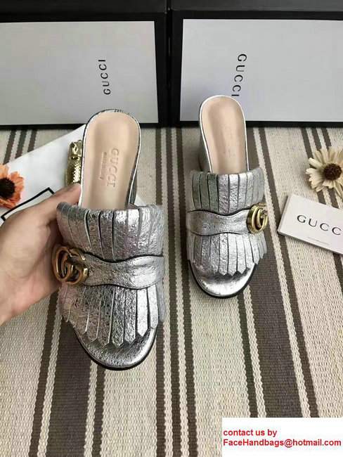 Gucci Fringe Double G 7.5cm Mid-Heel Slide Sandals 453495/458051 Silver 2017