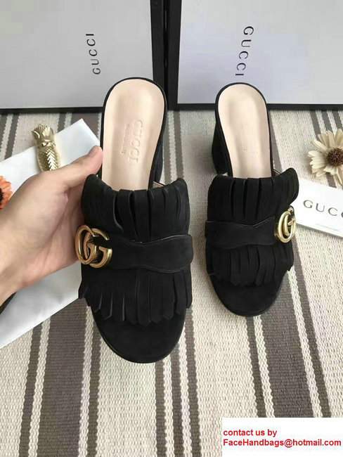 Gucci Fringe Double G 7.5cm Mid-Heel Slide Sandals 453495/458051 Suede Black 2017