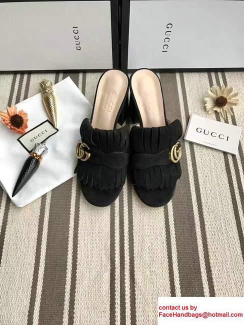 Gucci Fringe Double G 7.5cm Mid-Heel Slide Sandals 453495/458051 Suede Black 2017