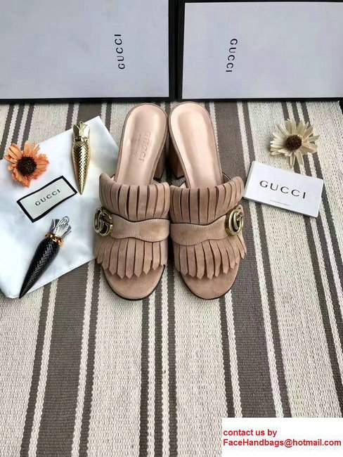 Gucci Fringe Double G 7.5cm Mid-Heel Slide Sandals 453495/458051 Suede Camel 2017 - Click Image to Close