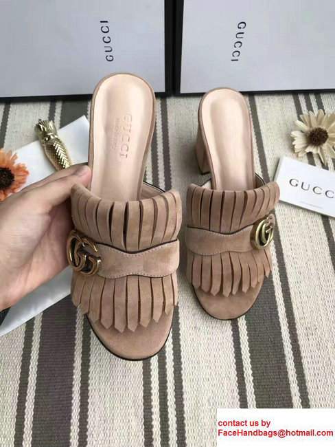 Gucci Fringe Double G 7.5cm Mid-Heel Slide Sandals 453495/458051 Suede Camel 2017 - Click Image to Close