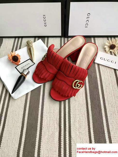 Gucci Fringe Double G 7.5cm Mid-Heel Slide Sandals 453495/458051 Suede Red 2017 - Click Image to Close