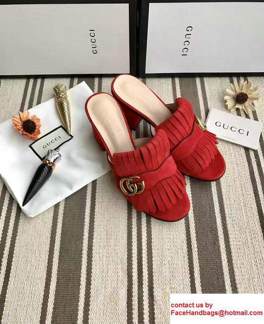 Gucci Fringe Double G 7.5cm Mid-Heel Slide Sandals 453495/458051 Suede Red 2017