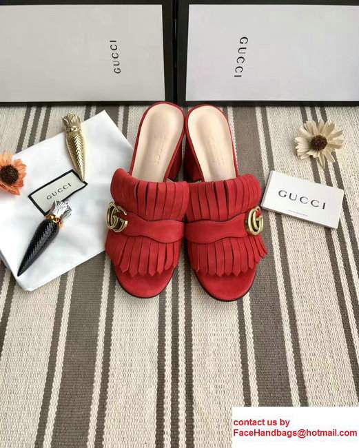 Gucci Fringe Double G 7.5cm Mid-Heel Slide Sandals 453495/458051 Suede Red 2017 - Click Image to Close
