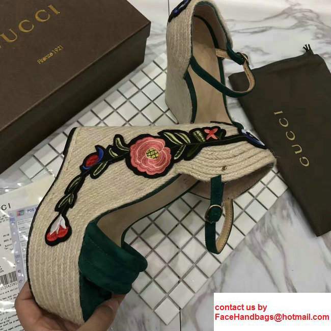 Gucci Heel 14cm Embroidered Suede Platform Espadrille 454303 Dark Green 2017 - Click Image to Close