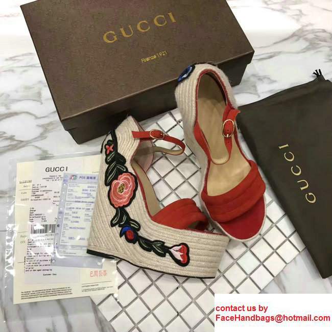Gucci Heel 14cm Embroidered Suede Platform Espadrille 454303 Red 2017 - Click Image to Close