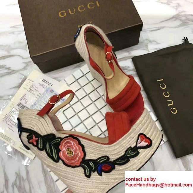 Gucci Heel 14cm Embroidered Suede Platform Espadrille 454303 Red 2017