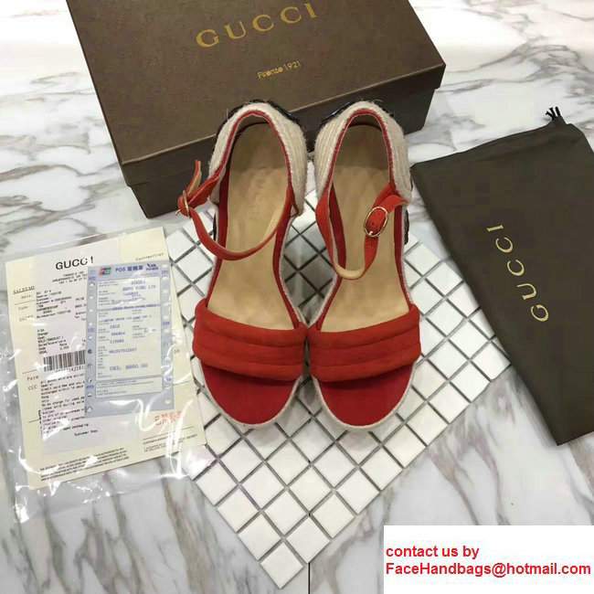 Gucci Heel 14cm Embroidered Suede Platform Espadrille 454303 Red 2017 - Click Image to Close