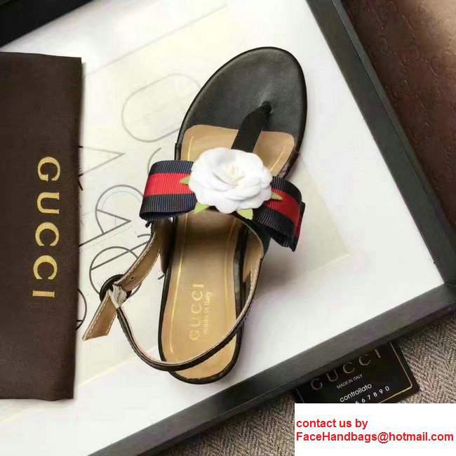 Gucci Heel 2.7cm Web Bow And Flower Leather Thong Sandals 453436 Black 2017 - Click Image to Close
