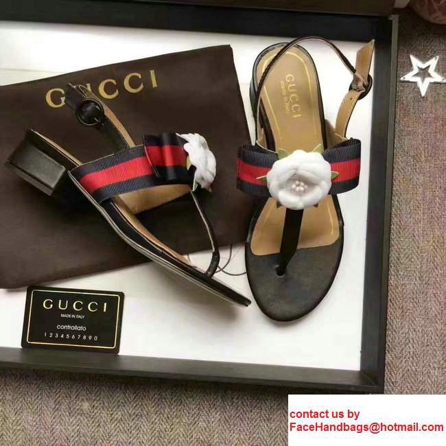 Gucci Heel 2.7cm Web Bow And Flower Leather Thong Sandals 453436 Black 2017 - Click Image to Close