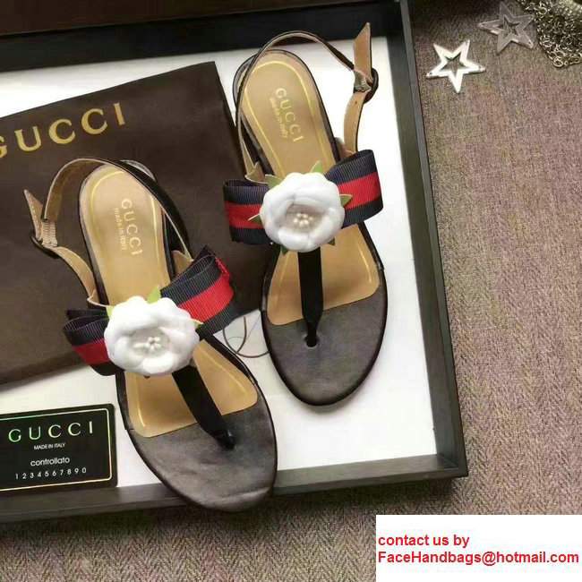 Gucci Heel 2.7cm Web Bow And Flower Leather Thong Sandals 453436 Black 2017