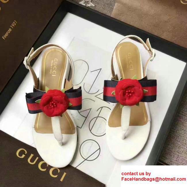 Gucci Heel 2.7cm Web Bow And Flower Leather Thong Sandals 453436 White 2017