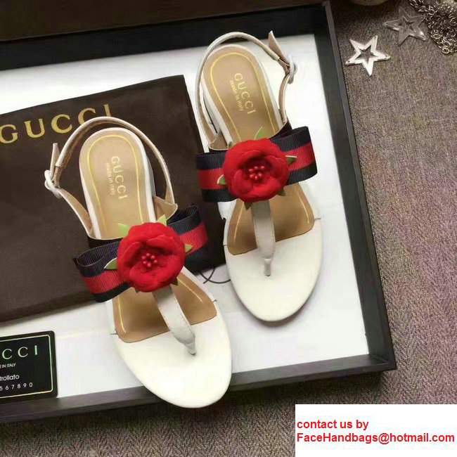 Gucci Heel 2.7cm Web Bow And Flower Leather Thong Sandals 453436 White 2017 - Click Image to Close