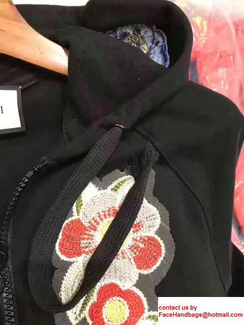 Gucci Logo Print Embroidered Flower Hooded Sweatshirt 457925 Black 2017 - Click Image to Close