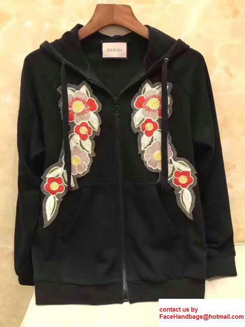 Gucci Logo Print Embroidered Flower Hooded Sweatshirt 457925 Black 2017 - Click Image to Close