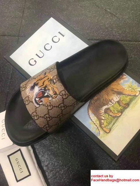 Gucci Men's Slide Sandals 456234 GG Supreme Tiger 2017