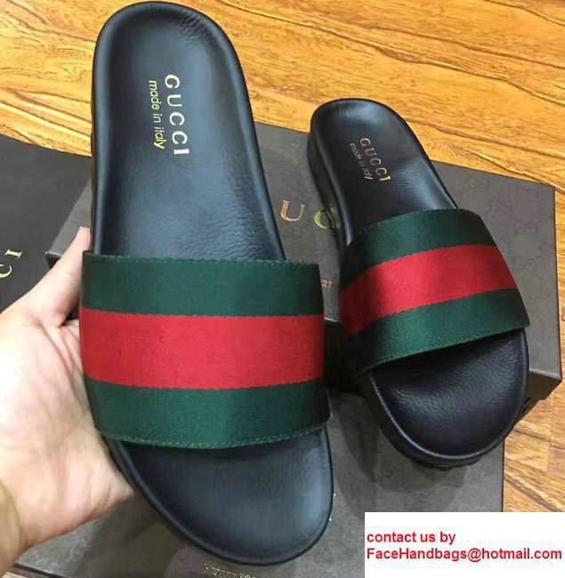 Gucci Men's Slide Sandals Web Green/Red/Green 2017 - Click Image to Close