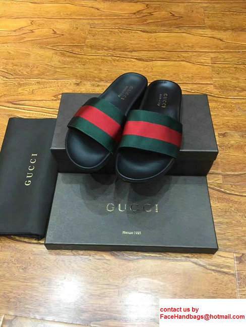 Gucci Men's Slide Sandals Web Green/Red/Green 2017 - Click Image to Close