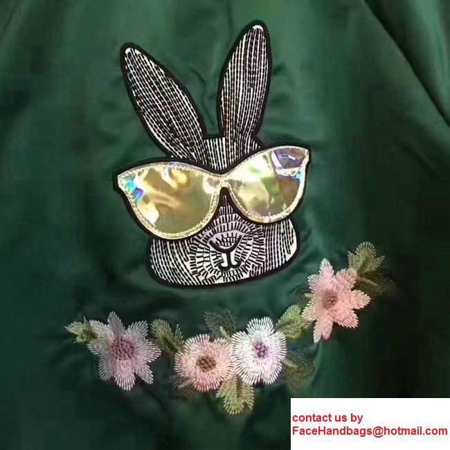 Gucci Rabbit Head With Glasses Emboridered Tech Green Jersey Bomber 2017 - Click Image to Close
